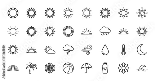 Weather line icon set. Vector pictograms of sun, rain, cloud, lightning, wind, drop, thermometer, moon, rainbow, palm tree, snowflake and umbrella. Thin outline illustration.
