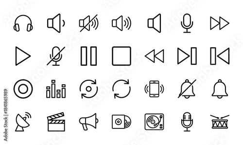 Multimedia line icon set. Vector pictograms of headphones, speaker, microphone, play, pause, equalizer, smartphone, bell and clapperboard, thin outline illustration.
