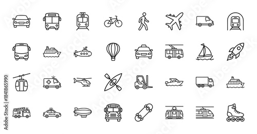Transportation line icon set. Vector pictograms of car, bus, train, airplane, bicycle, ship, truck, ambulance, rocket, helicopter and submarine, thin outline illustration.