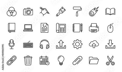 Multimedia and office line icon set. Vector pictograms of camera, laptop, printer, microphone, keyboard, calendar, folder, scissors and cloud, thin outline illustration.