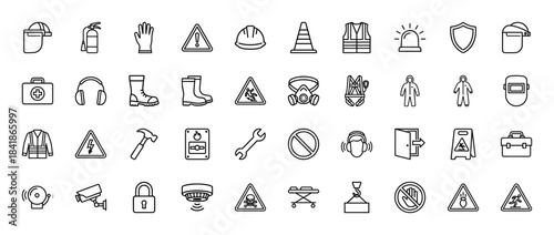 Construction safety and protection line icon set. Vector pictograms of helmet, vest, extinguisher, boots, gas mask, gloves, warning signs, thin outline illustration.