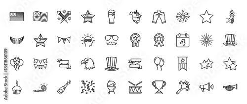 Independence day line icon set. Vector pictograms of flag, fireworks, star, calendar, hat, eagle, bbq, balloon, party and trophy, thin outline illustration.
