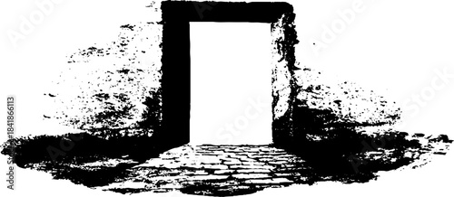 Surreal floating door frame in black and white stencil style