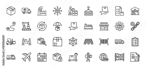 Logistics and shipping line icon set. Vector pictograms of delivery truck, warehouse, forklift, cargo, airplane, box, factory and barcode, thin outline illustration.