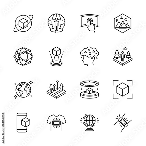 Virtual reality and technology line icon set. Vector pictograms of metaverse, hologram, cube, smart devices, augmented reality, thin outline illustration.