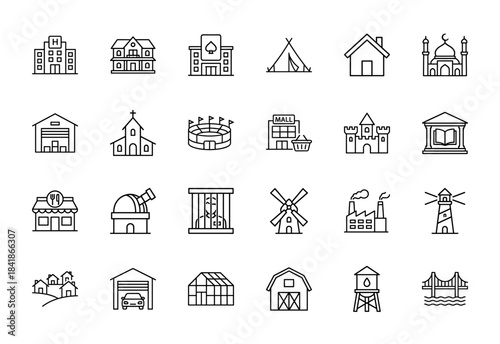 Building and architecture line icon set. Vector pictograms of hotel, house, stadium, castle, factory, prison, farm, bridge, garage, and library, thin outline illustration.