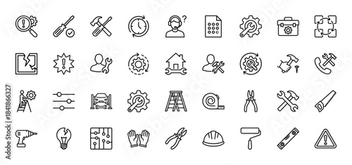 Repair and maintenance line icon set. Vector pictograms of tools, wrench, hammer, drill, ladder, gear, helmet, mechanic, support, paint roller, thin outline illustration