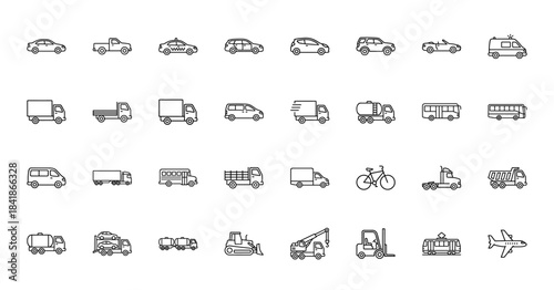 Transportation and vehicle line icon set. Vector pictograms of car, delivery truck, bus, van, airplane, forklift, ambulance, bicycle and taxi, thin outline illustration.