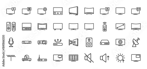 Home entertainment line icon set. Vector pictograms of tv screen, remote, projector, soundbar, satellite dish, antenna, router and speaker, thin outline illustration.