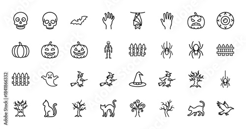 Halloween line icon set. Vector pictograms of pumpkin, skull, ghost, witch, spider, bat, cat, skeleton, tree, thin outline illustration.