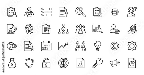 Business management line icon set. Vector pictograms of analytics, finance, marketing, recruitment, teamwork, report, security, growth, thin outline illustration.
