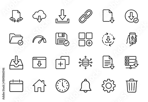 Download and interface line icon set. Vector pictograms of cloud, server, link, folder, trash, settings, calendar, home, floppy disk, thin outline illustration.