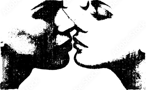 Tender forehead kiss in black and white stencil art - romantic silhouette design
