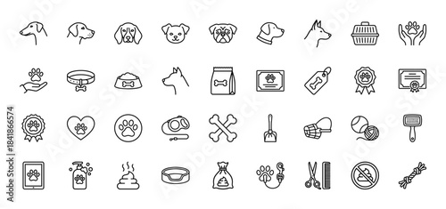 Dog and pet care line icon set. Vector pictograms of breeds, paw, food, bone, collar, leash, grooming, bowl and carrier, thin outline illustration.