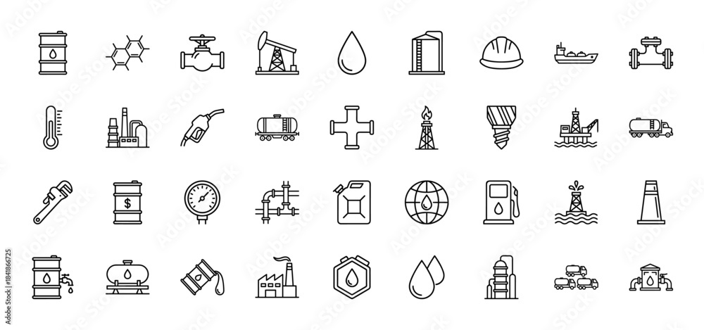Fototapeta premium Oil and gas industry line icon set. Vector pictograms of refinery, barrel, pipeline, tanker, fuel, drill, offshore rig and petrol station, thin outline illustration.