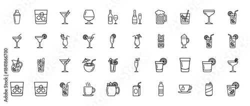 Beverage and cocktail line icon set. Vector pictograms of martini, beer, wine, whiskey, juice, coffee, tea, soda, and tropical drinks, thin outline illustration.