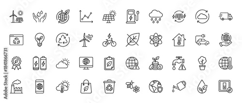 Ecology and sustainable energy line icon set. Vector pictograms of solar panel, wind turbine, recycling, electric car, battery and nature, thin outline illustration.