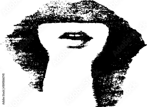 Black and white stencil glitch art with abstract silhouette