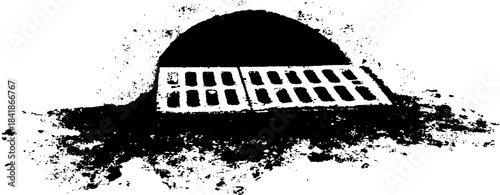 Urban drainage art stencil with gritty black and white design
