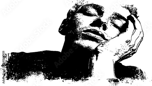 Black and white stencil illustration of contemplative face resting on hand