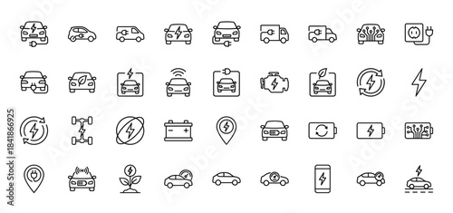 Electric vehicle line icon set. Vector pictograms of car, charging station, battery, plug, green energy, hybrid, eco transport, thin outline illustration.
