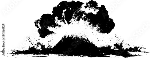 Abstract black and white stencil of erupting volcanic blot with splatter effect