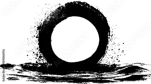 Monochrome stencil art featuring a heavy ink splash circle with bold drip effect