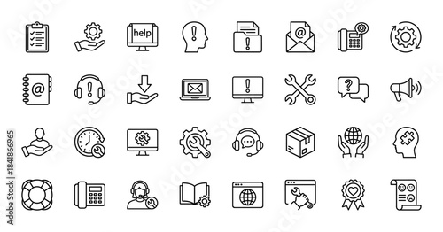 Customer service line icon set. Vector pictograms of headset, support, gear, chat, phone, feedback and manual, thin outline illustration.