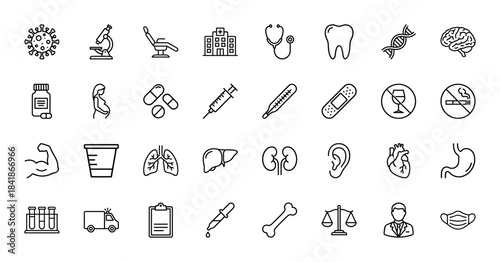 Medical and healthcare line icon set. Vector pictograms of stethoscope, syringe, hospital, ambulance, DNA, virus, thermometer, and human organs, thin outline illustration.