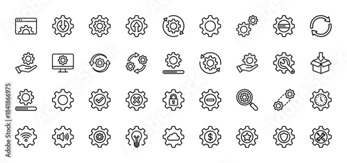 Settings and configuration line icon set. Vector pictograms of gear, cog, wrench, lock, cloud, time, sync, tools, maintenance, thin outline illustration.