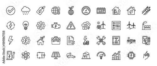 Energy and ecology line icon set. Vector pictograms of solar panel, wind turbine, electric car, battery, plug, atom, lightbulb, recycle, thin outline illustration.