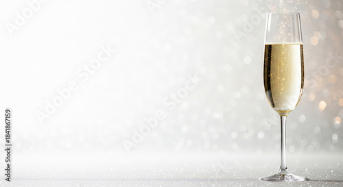 single champagne glass on clean white and silver bokeh background with copy space for christmas and new year