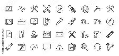 Repair and maintenance line icon set. Vector pictograms of wrench, hammer, screwdriver, drill, gear, helmet, toolbox, saw, bolt, and service, thin outline illustration.