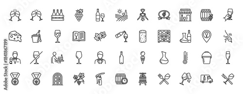 Wine line icon set. Vector pictograms of bottle, glass, grapes, vineyard, barrel, corkscrew, cheese, sommelier, tasting, cellar, thin outline illustration.