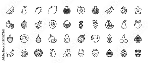 Fruit line icon set. Vector pictograms of watermelon, mango, lemon, peach, pineapple, grapes, avocado, cherry, banana, strawberry, thin outline illustration.