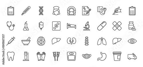 Medical and healthcare line icon set. Vector pictograms of stethoscope, syringe, ambulance, hospital bed, nurse, organs, DNA and microscope, thin outline illustration.