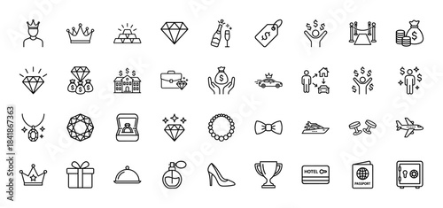 Luxury and wealth line icon set. Vector pictograms of crown, gold, diamond, champagne, money bag, mansion, car, yacht, passport and safe. Thin outline illustration.