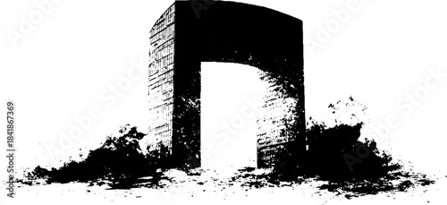 Urban graffiti stencil art of massive concrete building