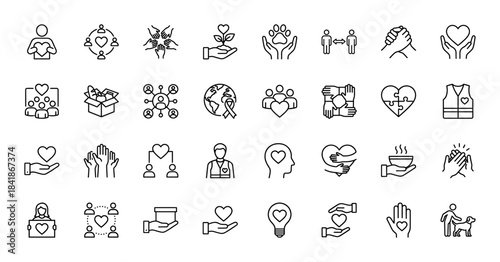 Charity and volunteering line icon set. Vector pictograms of donation box, helping hands, vest, heart puzzle, animal welfare, soup, community, thin outline illustration.