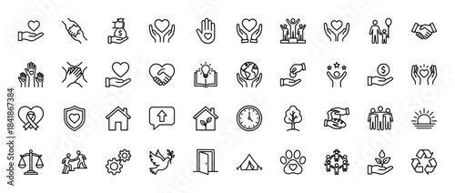 Charity and volunteering line icon set. Vector pictograms of donation, helping hands, heart, peace dove, shelter, food, community and recycling, thin outline illustration.