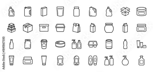 Packaging and container line icon set. Vector pictograms of bottle, box, jar, can, carton, pouch, tube and cosmetic pump, thin outline illustration.