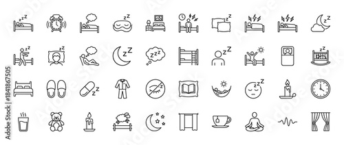 Sleep and relaxation line icon set. Vector pictograms of bed, pillow, alarm clock, mask, moon, insomnia, hammock, cradle, sheep and candle, thin outline illustration.