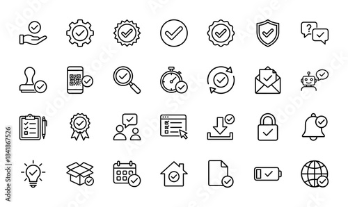 Verification and approval line icon set. Vector pictograms of check mark, badge, shield, document, user, phone, gear, lock, calendar and box. Thin outline illustration.
