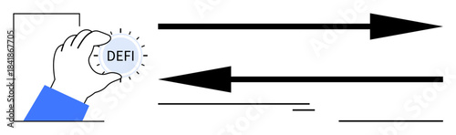 Hand gripping DeFi coin with multiple arrows signifying movement, direction, and dynamic exchange. Ideal for blockchain, decentralization, finance, innovation, cryptocurrency, trading investment