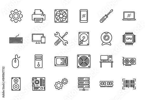 Computer hardware line icon set. Vector pictograms of cpu, motherboard, ram, hard drive, laptop, monitor, printer, keyboard, mouse, gpu, thin outline illustration.