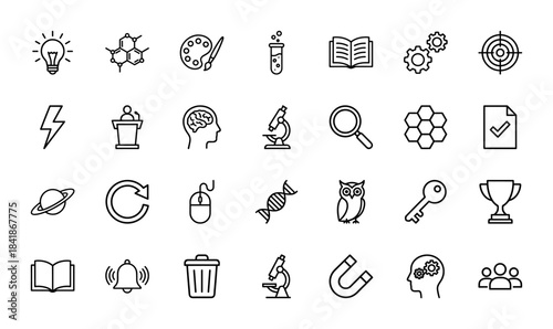 Education and science line icon set. Vector pictograms of lightbulb, molecule, microscope, book, dna, brain, gears, owl, magnet and trophy, thin outline illustration.