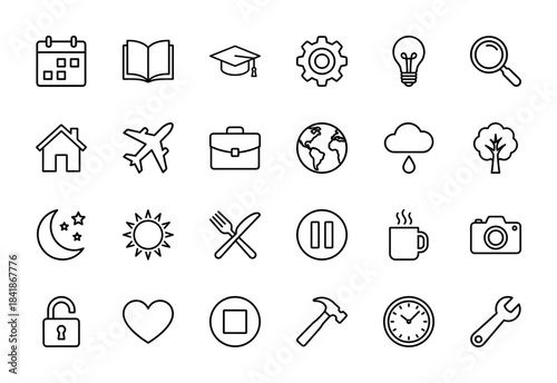 Universal line icon set. Vector pictograms of calendar, book, gear, lightbulb, home, plane, briefcase, globe, sun, camera, clock and tools, thin outline illustration.