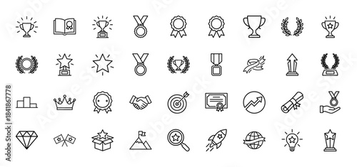 Awards and achievement line icon set. Vector pictograms of trophy, medal, laurel wreath, winner cup, certificate, star, crown, podium, thin outline illustration.