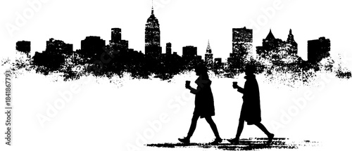 Urban silhouette stencil of a walking pair against cityscape