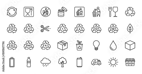 Ecology and recycling line icon set. Vector pictograms of waste, trash bin, battery, bottle, package, leaf, water drop and energy, thin outline illustration.